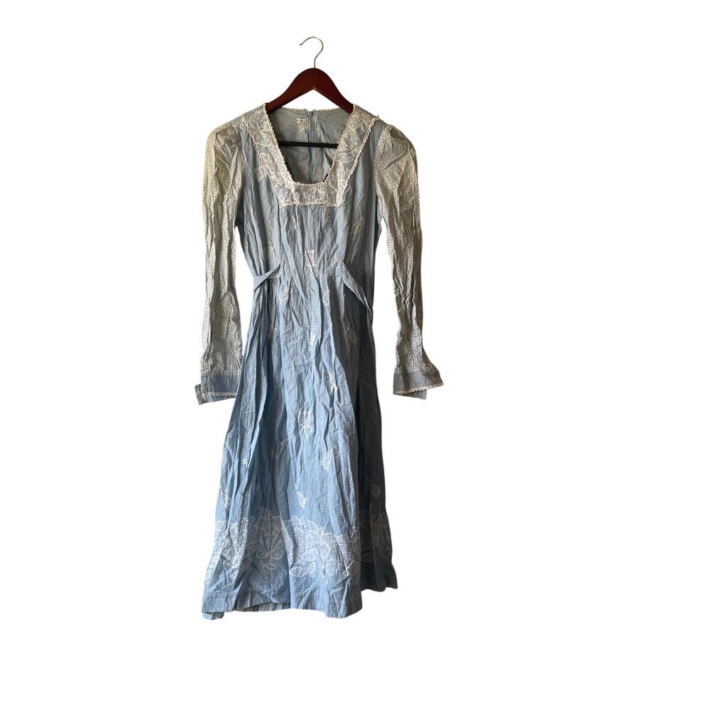 Vintage Blue Seersucker Prairie Midi Dress Lace Trim Embroidery Long Sleeve XS